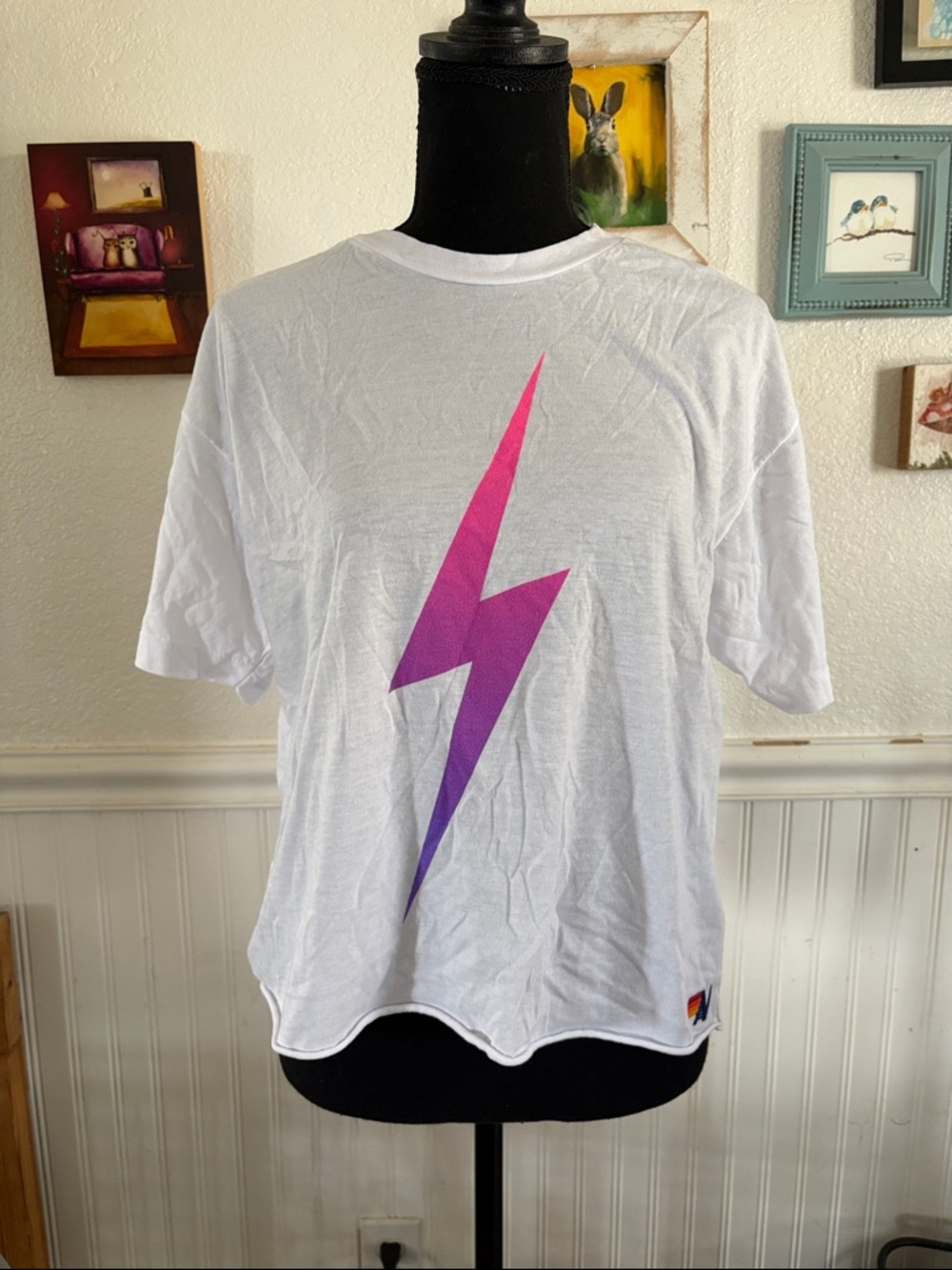 Aviator Nation White Tee with Pink-to-Purple Lightning Bolt Sz L